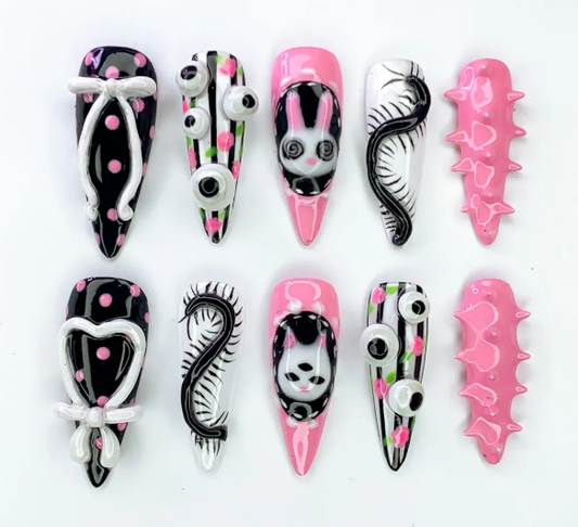 Creepy Cute Bunny Eyes Pink Black Halloween Press On Nails