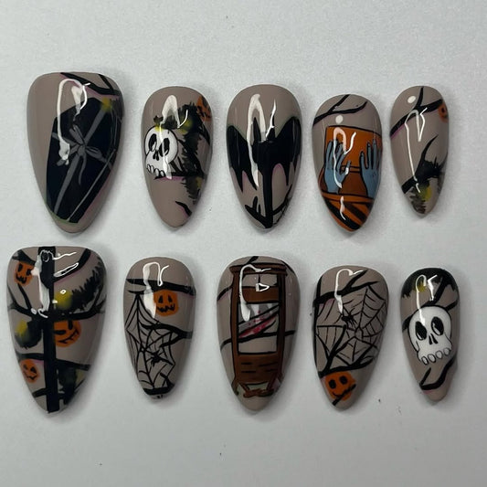 Creepy Halloween Press-On Nails with Skulls, Guillotine, Bats, and Webs
