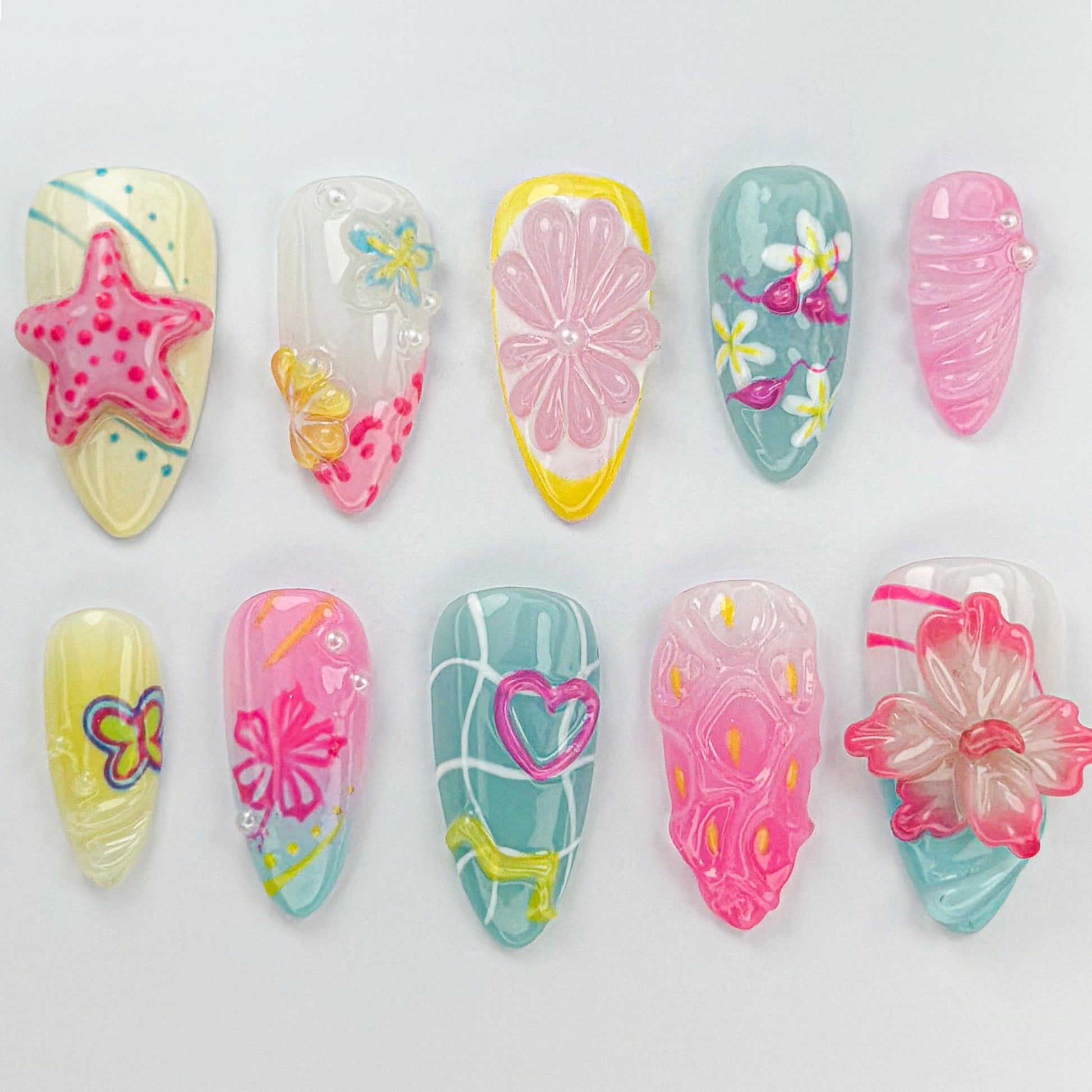 Cute 3D Summer Beach Press-On Nails with Ocean Charms