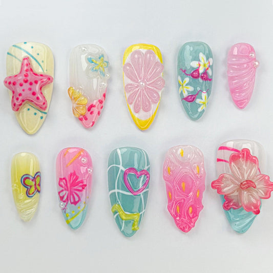 Cute 3D Summer Beach Press-On Nails with Ocean Charms