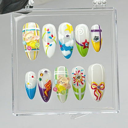 Cute Bears Press On Nails - Cute Teddy Bear Colorful Press On Nails