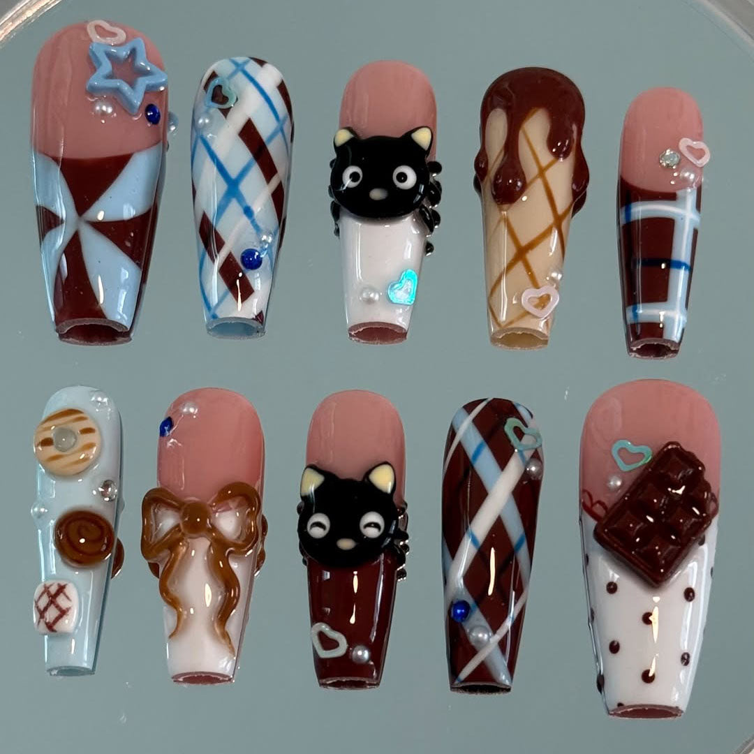 Cute Black Cat Chocolate Press On Nails Handmade Long Coffin