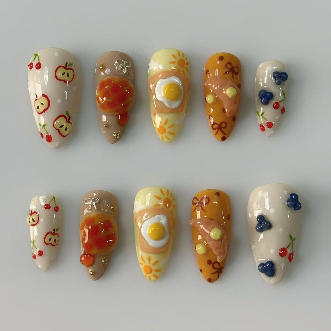 Cute Breakfast Brunch Food 3D Gel Almond Press On Nails