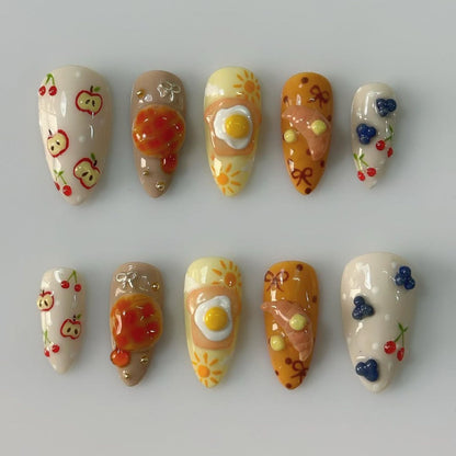 Cute Breakfast Brunch Food 3D Gel Almond Press On Nails
