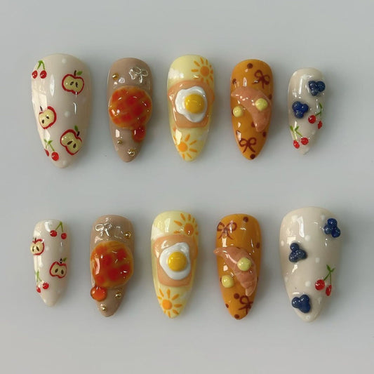 Cute Breakfast Brunch Food 3D Gel Almond Press On Nails