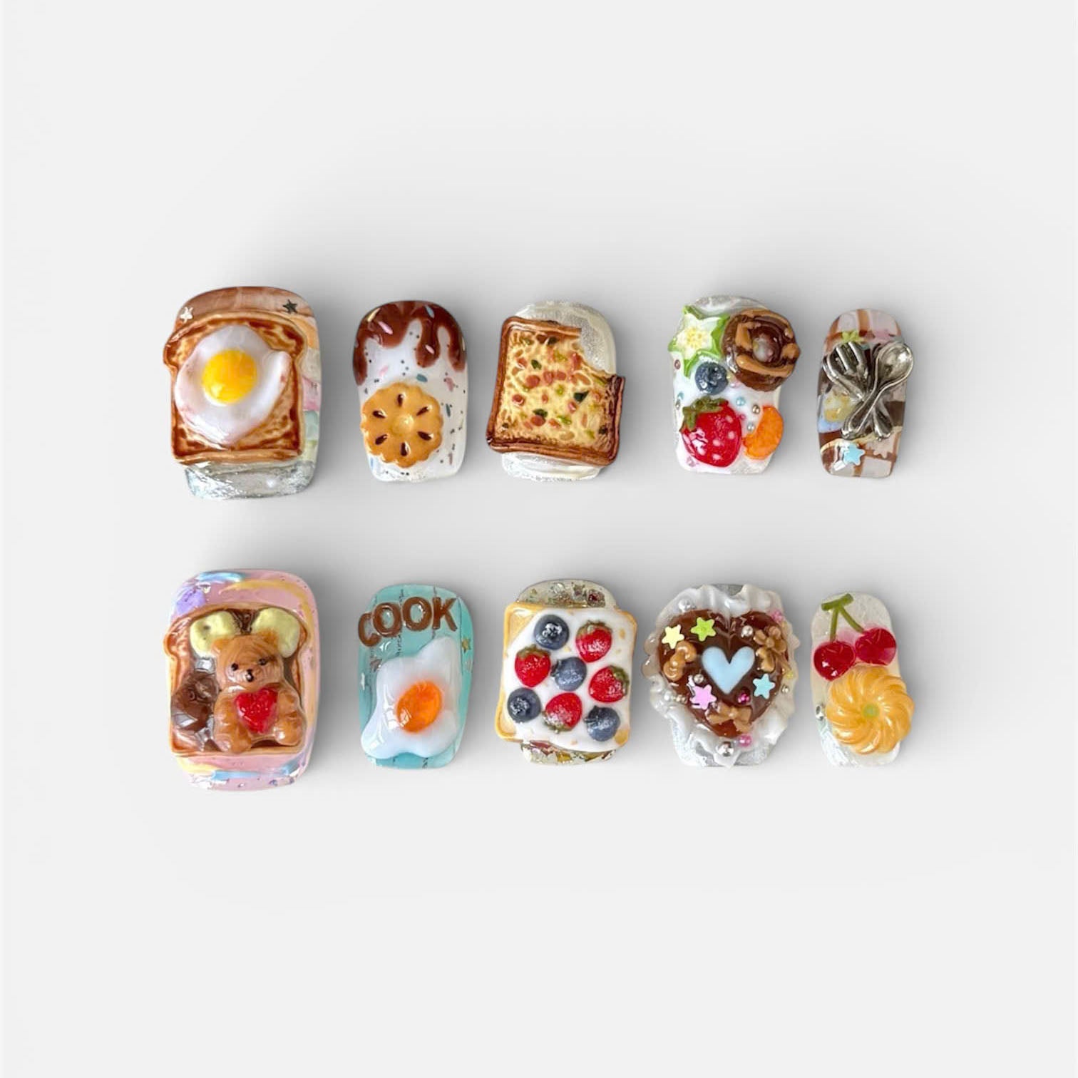 Cute Breakfast Dessert Press On Nails Handmade Food Art Set