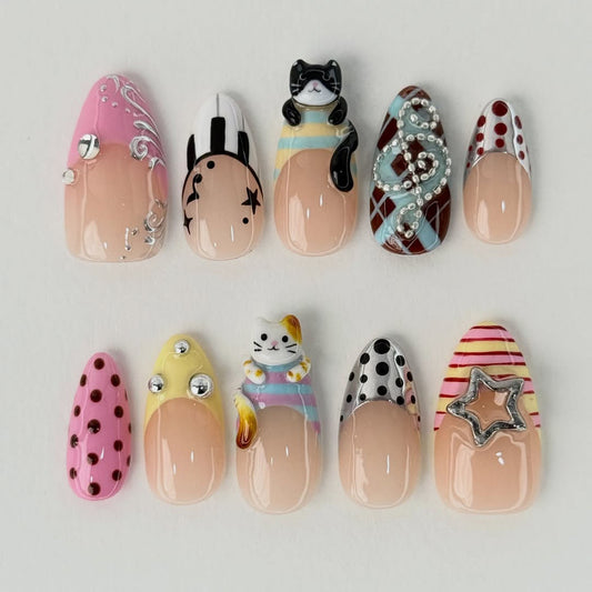 Cute Cat Pastel Press On Nails Short Playful Art Set