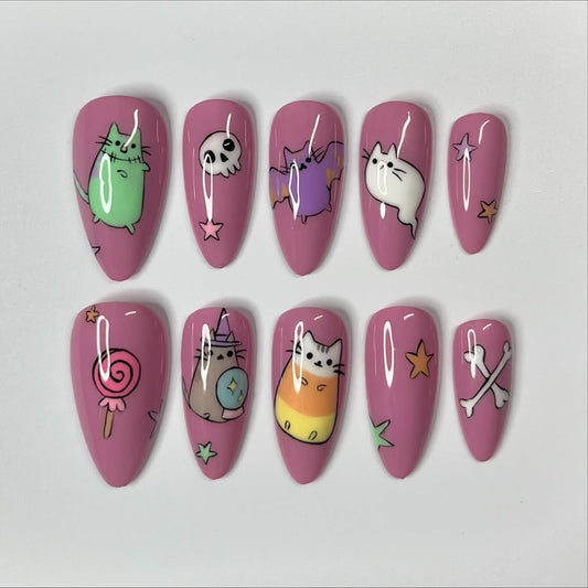 Cute Cat Press On Nails with Candy and Halloween Art Design