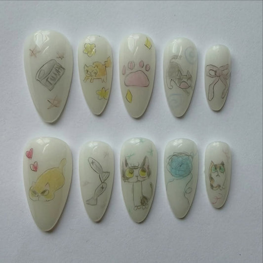 Cute Cat Sketch Handmade Kawaii Press On Nail Set