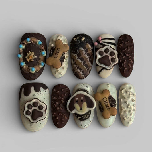 Cute Chocolate Puppy Press On Nails Dessert Pet Art Nail Set