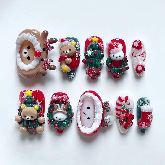 Cute Christmas Press On Nails 3D Holiday Animal Nail Set