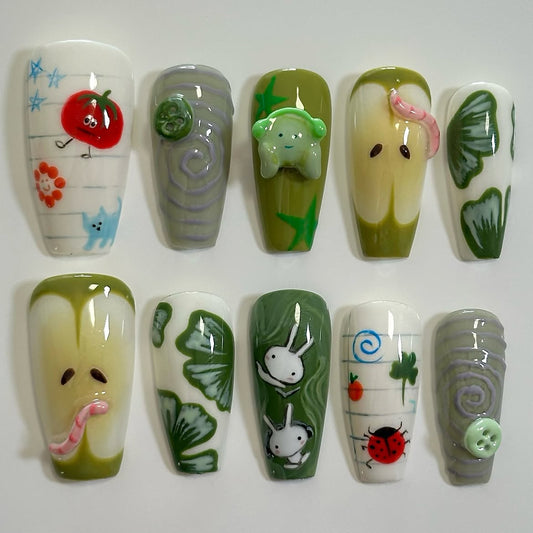 Cute Garden Bug Press On Nails Nature Set