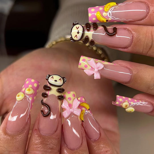 Cute Monkey & Banana 3D Nail Set, Pink Bow Press-On Nails