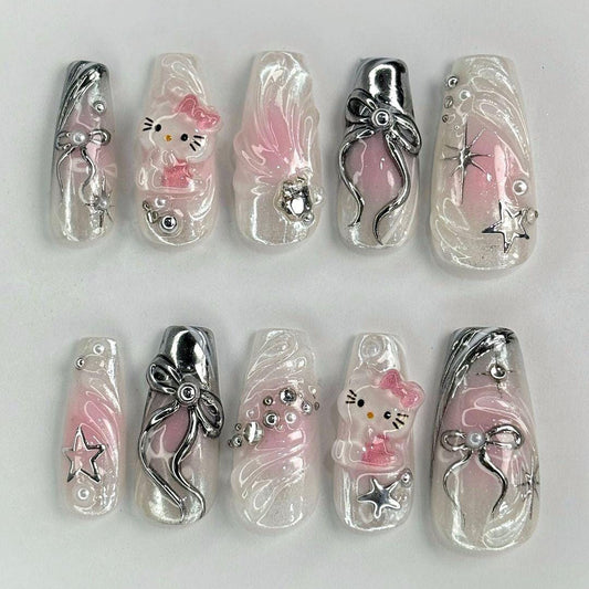Cute Pink Bow & Kitty 3D Nail Set