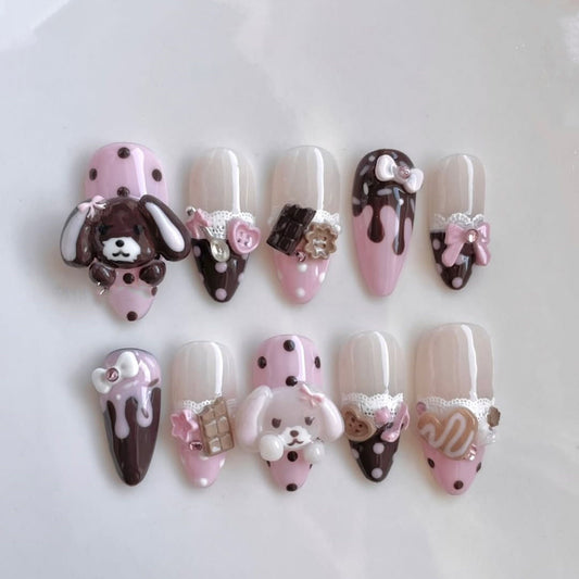 Cute Pink and Brown 3D Press-On Nails with Puppy and Sweet Charms