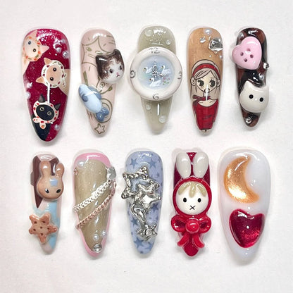 Cute Storybook Press On Nails Bunny Cat Moon Art Design Set
