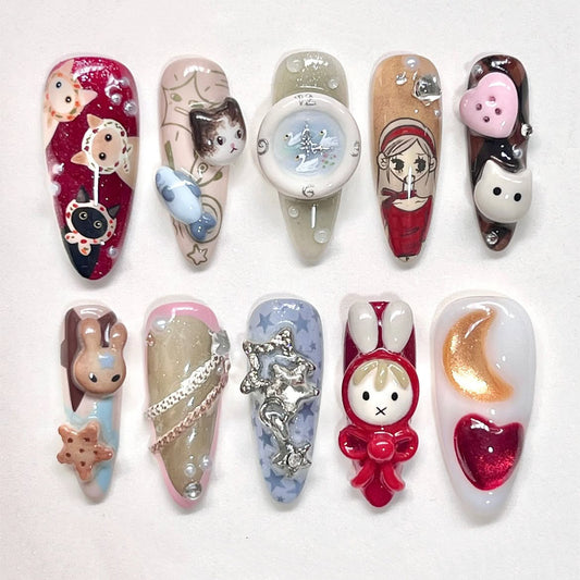 Cute Storybook Press On Nails Bunny Cat Moon Art Design Set