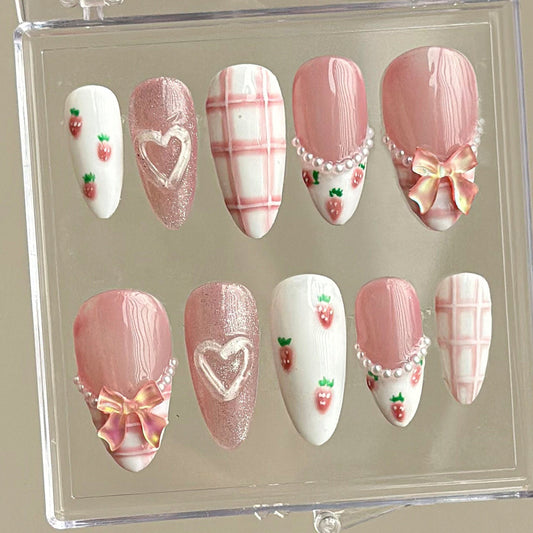 Cute Strawberry Pink Plaid Nail Set.