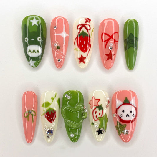Cute Strawberry Totoro Press-On Nail Set