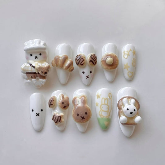 Cute White and Beige 3D Press-On Nails with Bunny and Pastry Charms