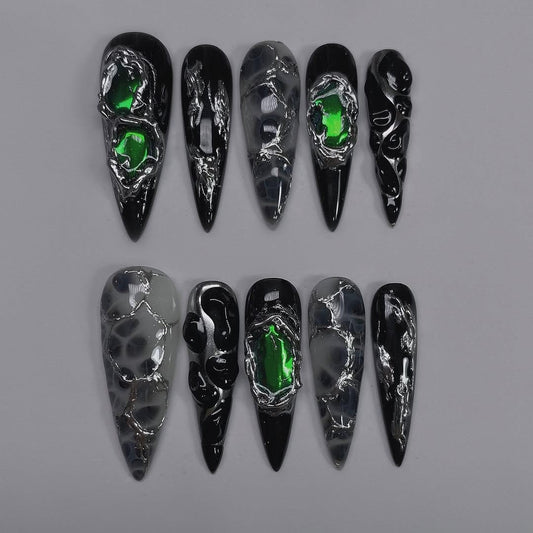 Cyber Black Chrome Green Core Press On Nails