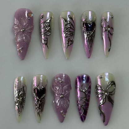 Cyber Gothic Purple Aura Butterfly Metallic Chrome Stiletto Nail Set
