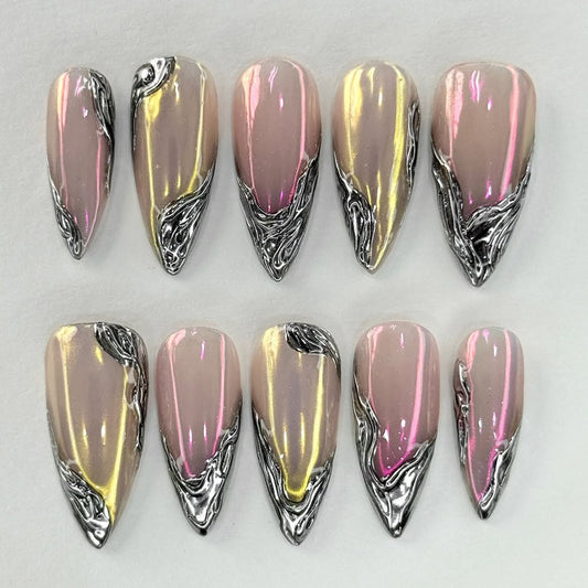 Cyberpunk Aura Chrome Silver Liquid Metal Stiletto Press On Nails