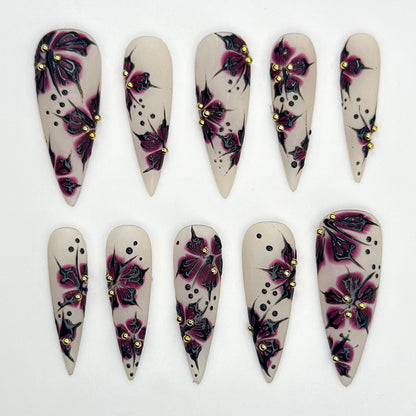 Dark Blossom Press On Nails 3D Crimson Floral Matte Ivory Stiletto Tips