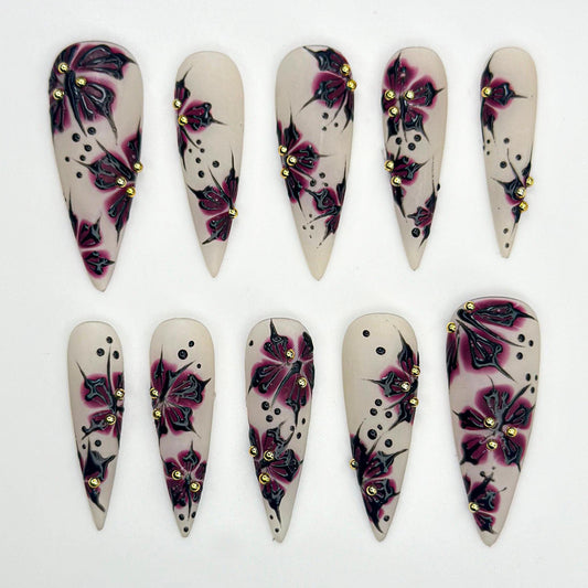 Dark Blossom Press On Nails 3D Crimson Floral Matte Ivory Stiletto Tips