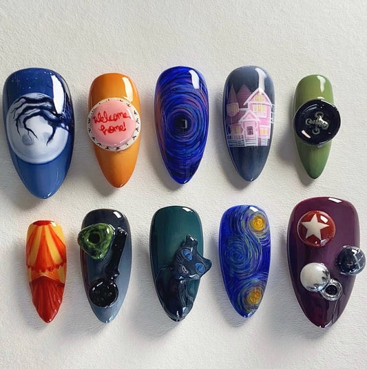 Dark Fantasy Press-On Nails with Moon, Cat, House, and Circus Art