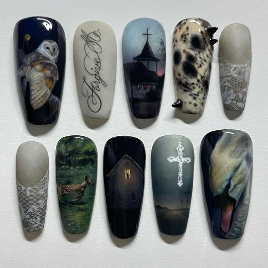 Dark Gothic Owl Church Cross Haunted Handmade Nails