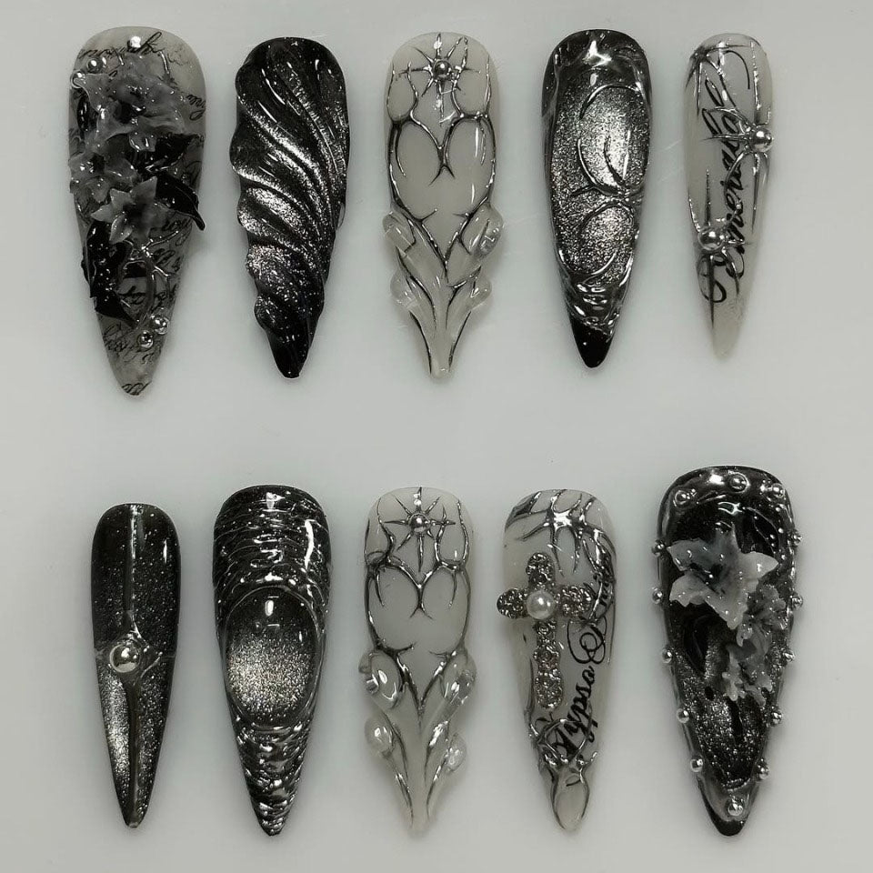 Dark Gothic Silver Press On Nails Handmade Long Stiletto Set