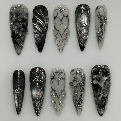 Dark Gothic Silver Press On Nails Handmade Long Stiletto Set