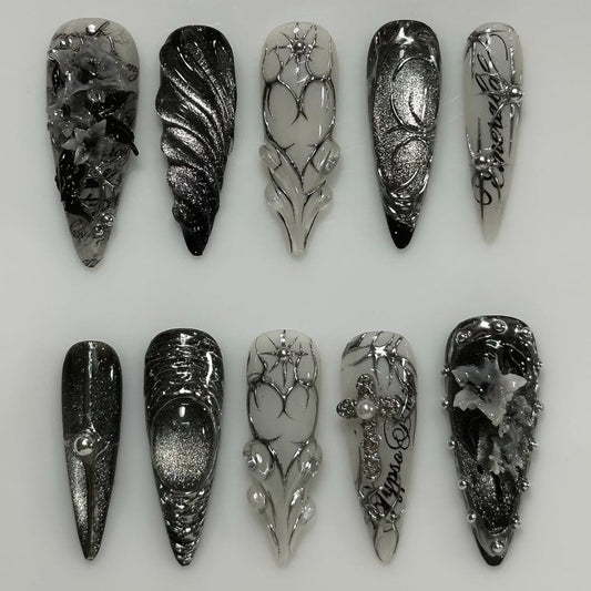 Dark Gothic Silver Press On Nails Handmade Long Stiletto Set