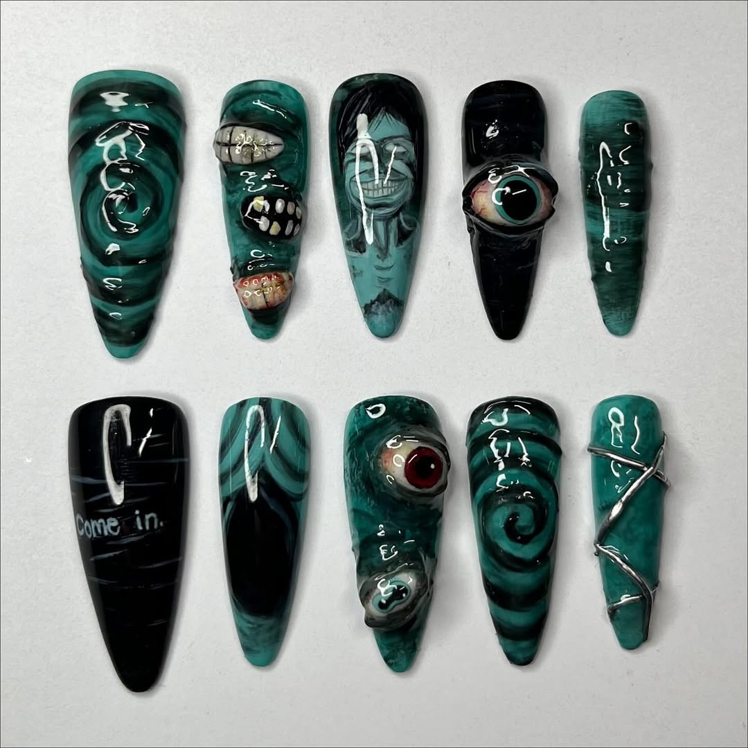 Dark Green Horror Press On Nails with Eye and Spiral Details