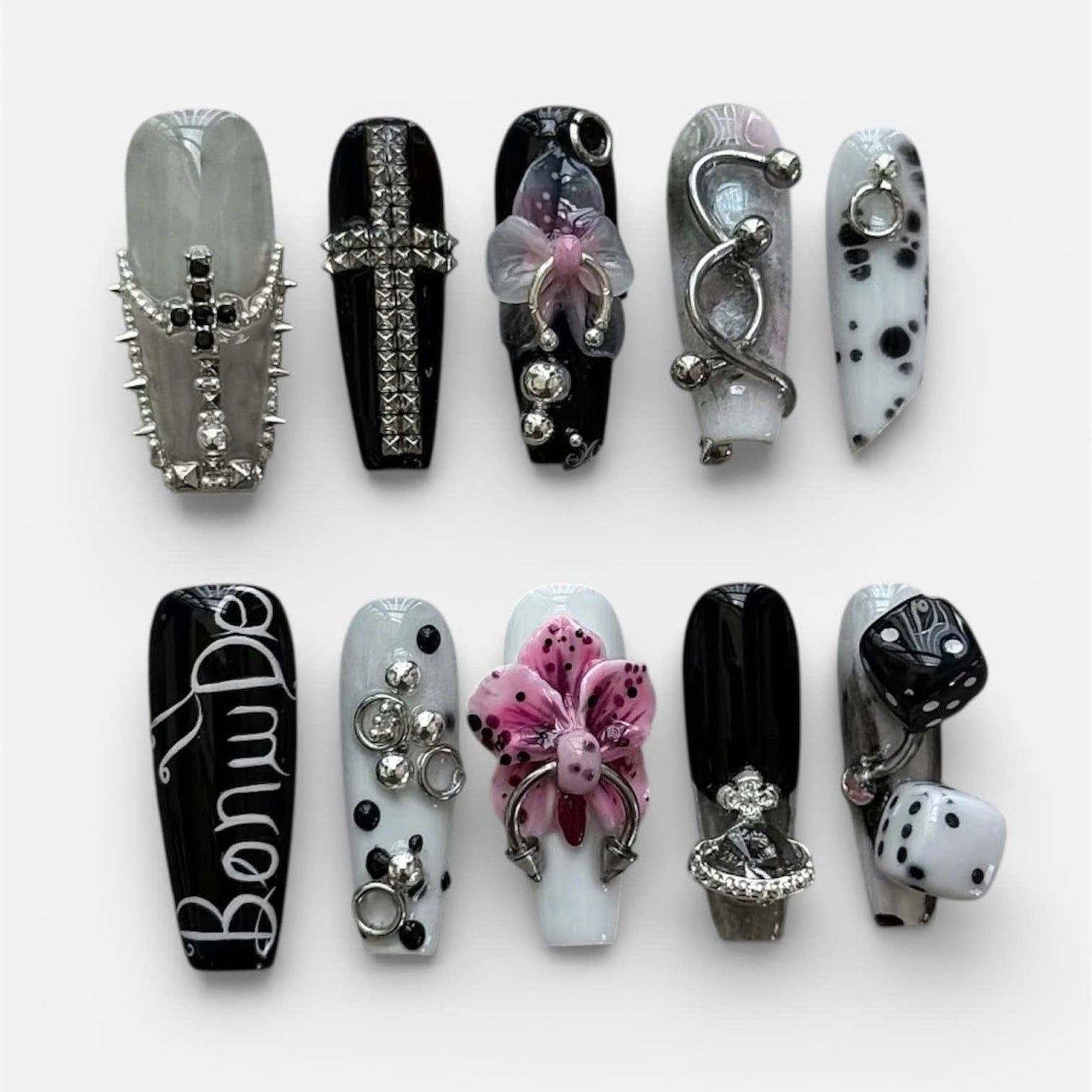Dark Monochrome 3D Press On Nails Gothic Statement Art Set
