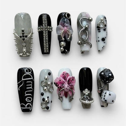 Dark Monochrome 3D Press On Nails Gothic Statement Art Set