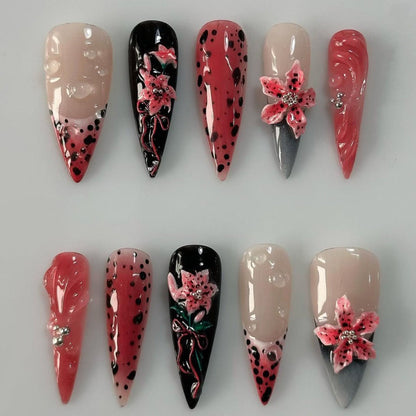 Dark Red Black Lily 3D Floral Polka Dot Stiletto Press On Nails
