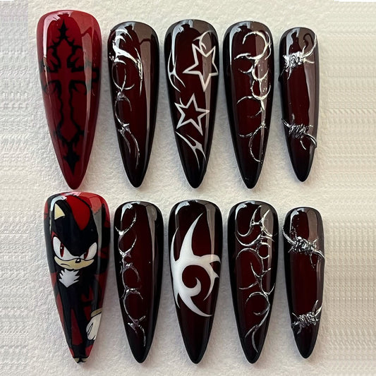 Dark Red Gothic Press-On Nails with Anime Character and Tribal Art