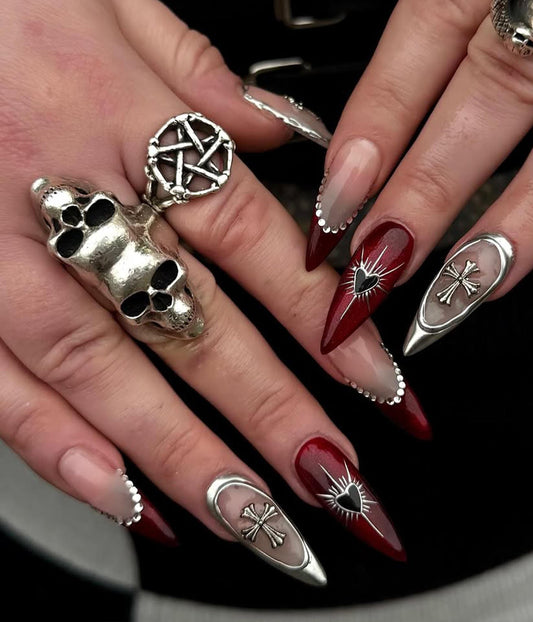 Dark Red Romance Press-On Nails - Gothic Red Black Cross Press Nails