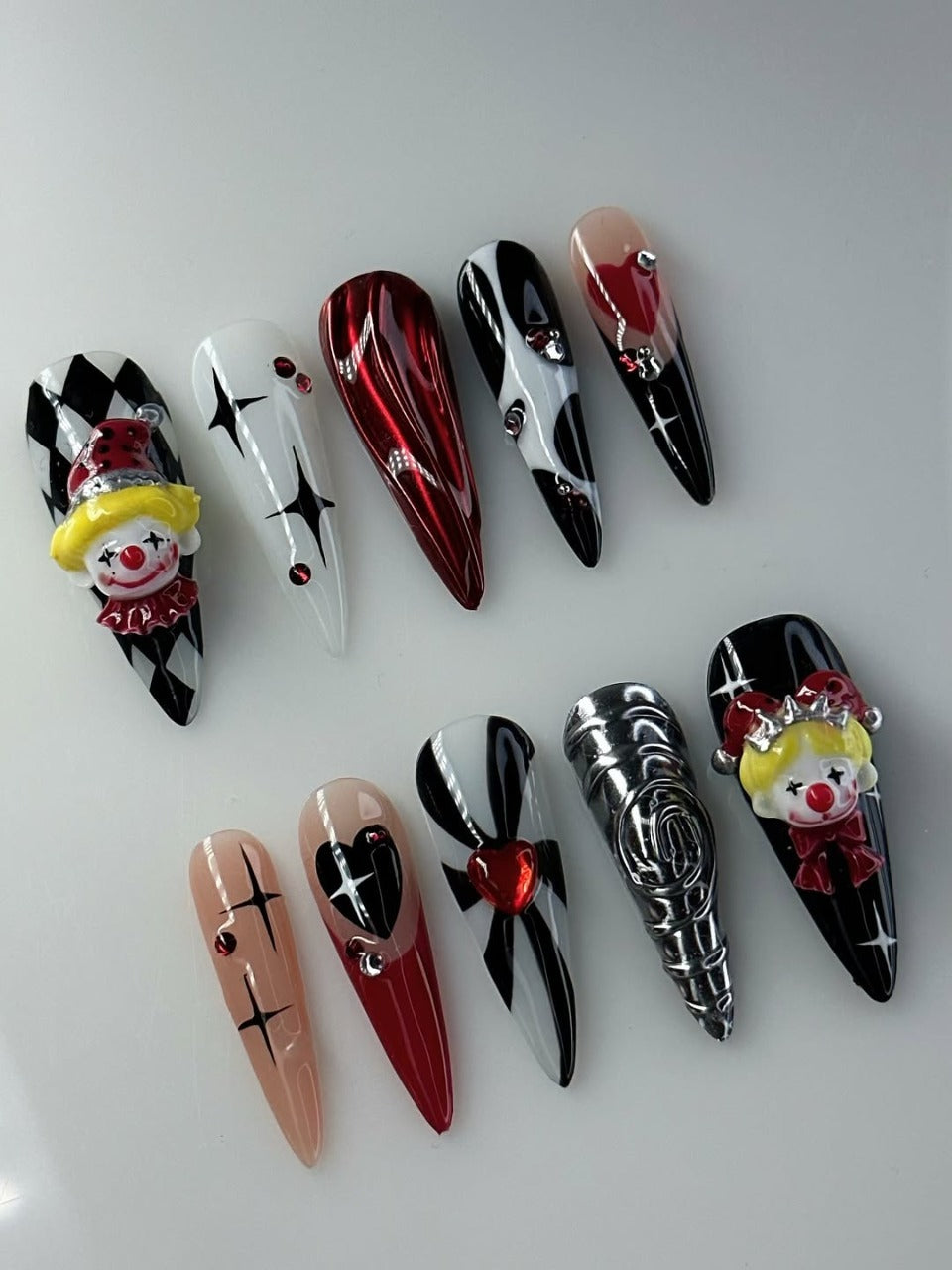 Harlequin Clown 3D Press On Nails in Red, Black and White