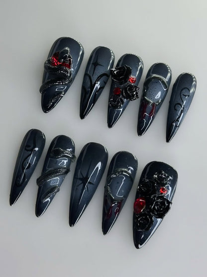 Gothic Black Rose and Snake 3D Press On Nails