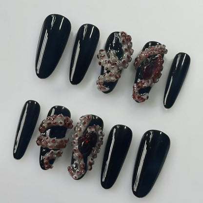 Handmade Press-On Nails with Black Base and 3D Octopus Tentacles