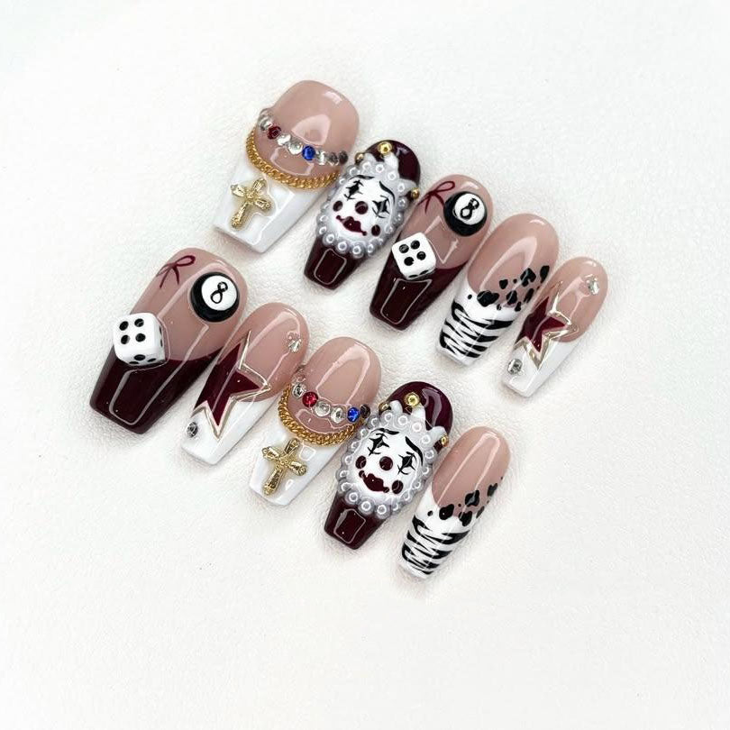 Gothic Circus Press-On Nails with Clown Faces, Dice, and Cross Charms