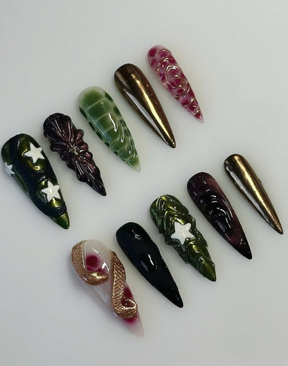 Snake-Inspired Press-On Nails with 3D Serpent and Gothic Fantasy Art