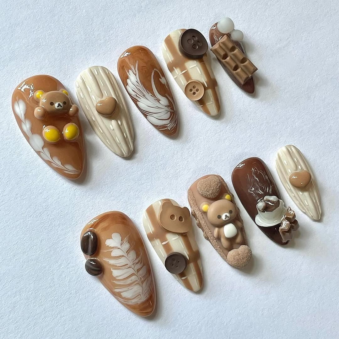 Kawaii Coffee Press-On Nails with Rilakkuma Bears and Chocolate Details