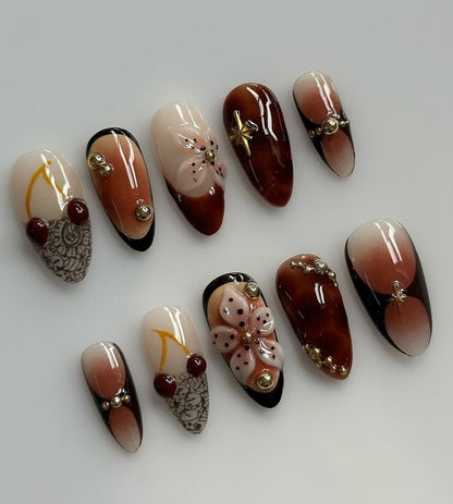 Brown Cherry Blossom Floral Gold Accent Press On Nails