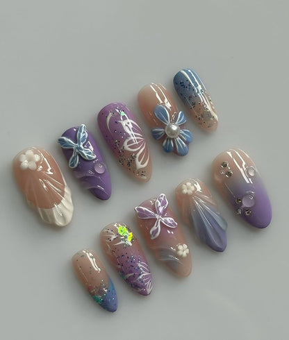 Purple Ombre Butterfly Floral Sparkle Handmade Nails
