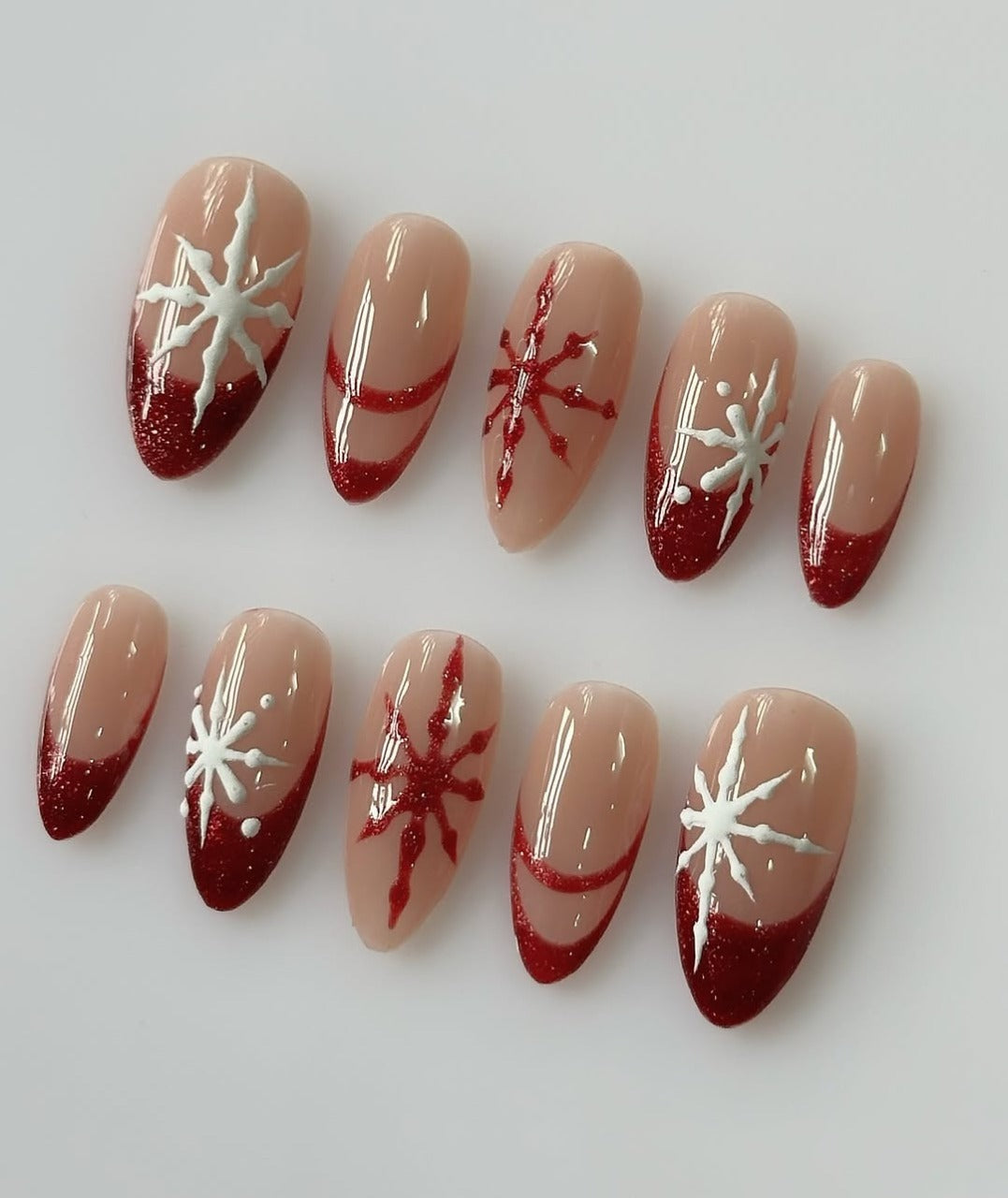 Red Glitter French Nails with White Snowflake Art, Handmade Winter Design