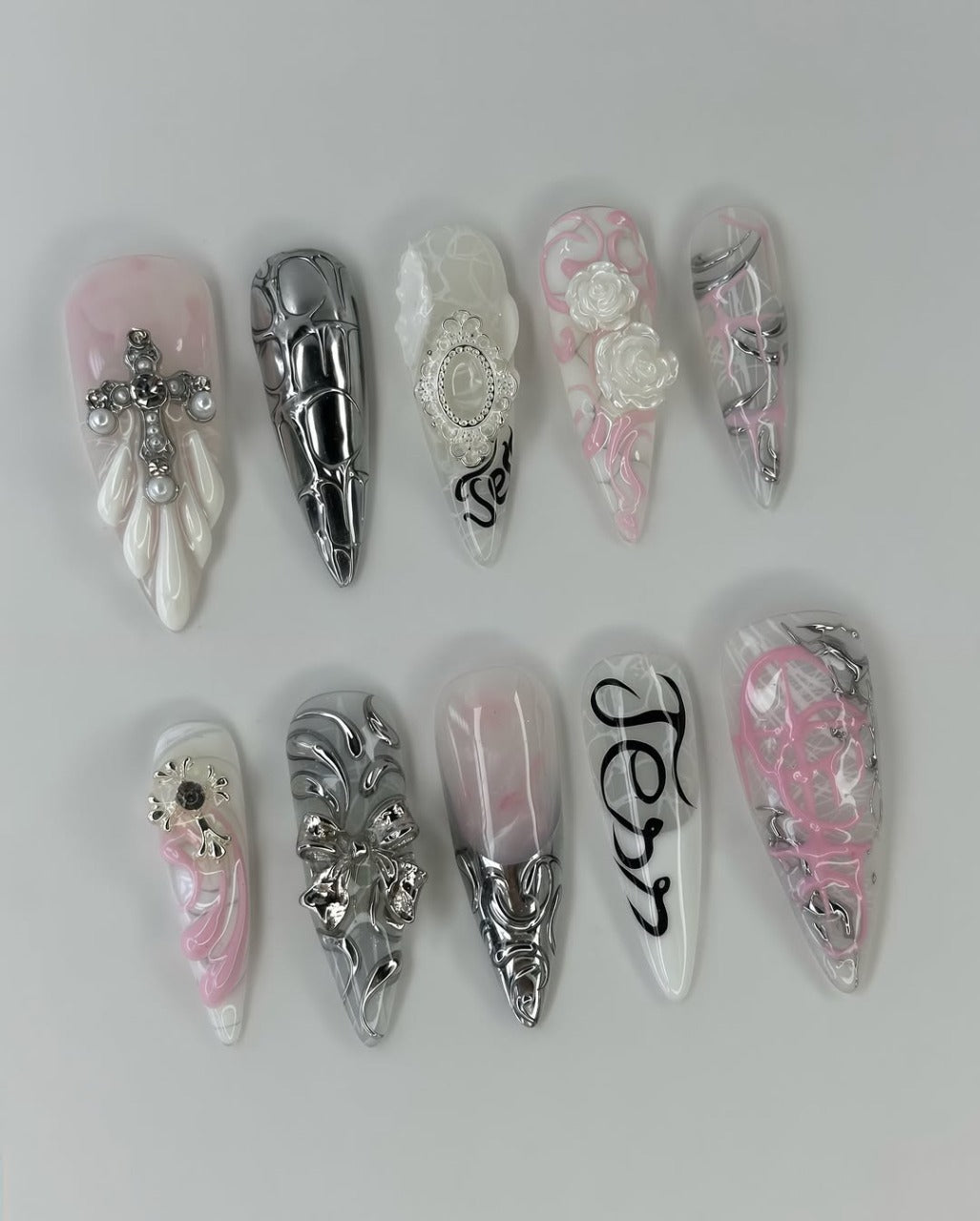 Silver Gothic Romance Nails with Cross, Cameo Frame, and 3D Rose Accents
